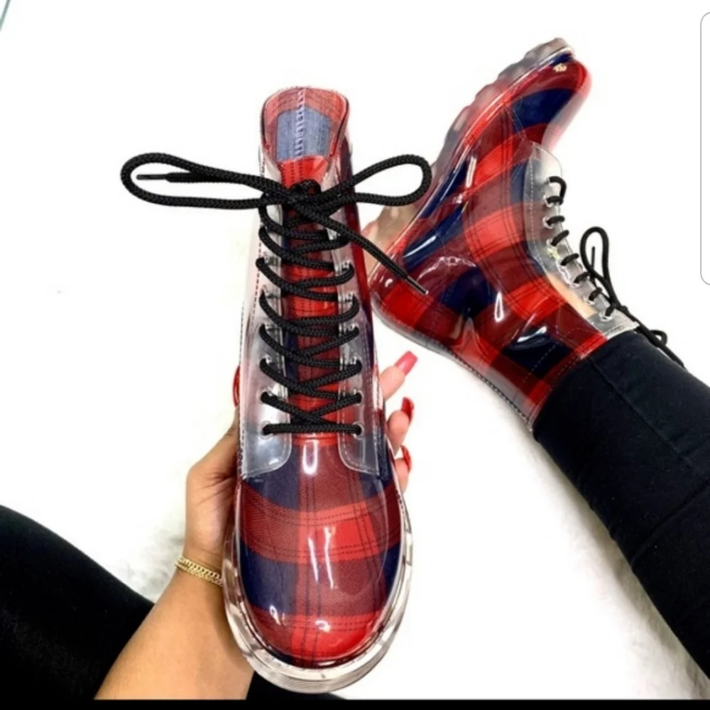 🆕️Qupid Red & Blue Buffalo Plaid Lace Up Rain Combat Boots sz 7